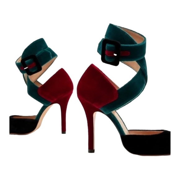 ZARA Teal Burgundy Velvet Ankle Strap Colorblock Heels Size 8 - Picture 8 of 10